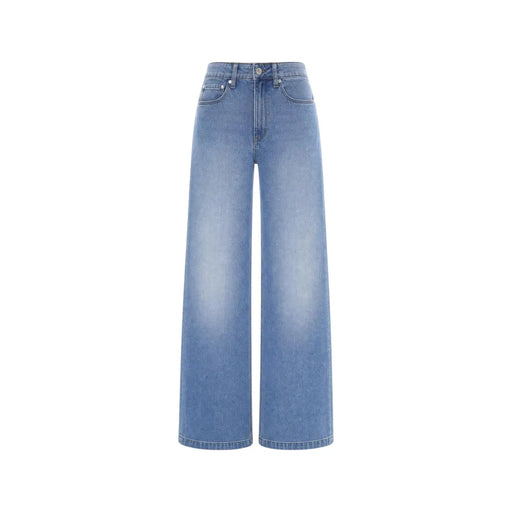 Guess Jean Bellagio bleu clair en mélange de coton pour femme, pantalon large en denim délavé clair, taille haute et coupe classique à cinq poches.