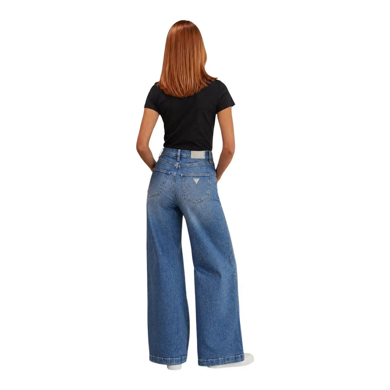 pantalon large bleu en mélange de coton Guess Jean pour femme avec une coupe classique à cinq poches et un logo discret visible sur la poche arrière
