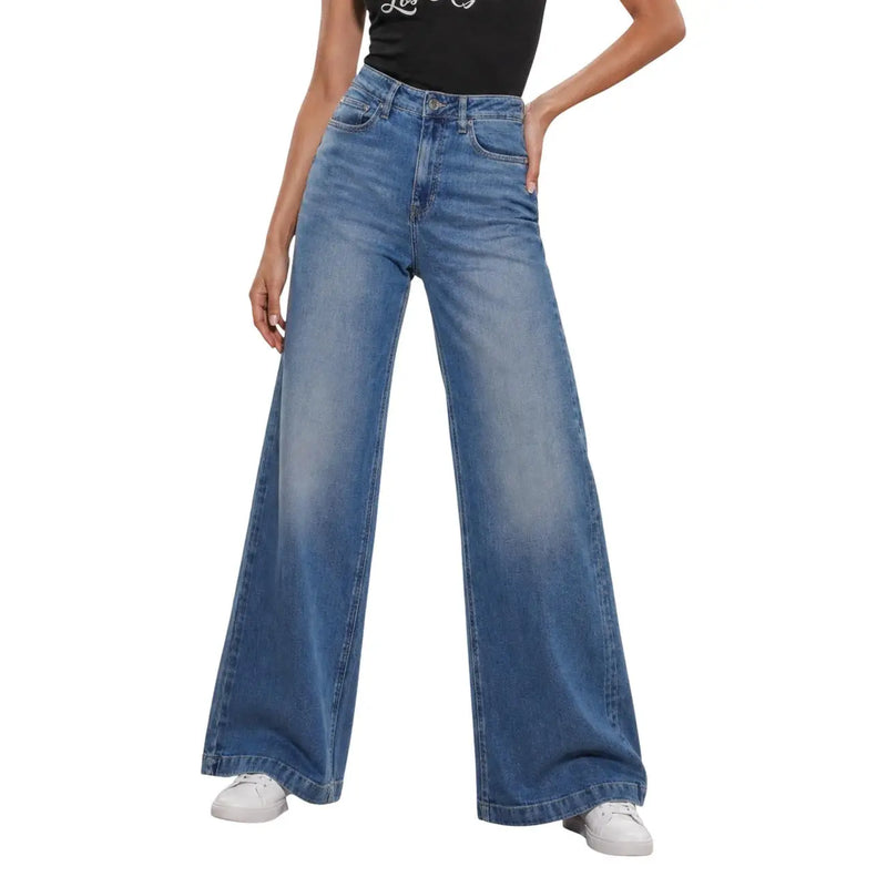 Guess Jean Bellagio bleu en mélange de coton pour femme, taille haute, jambes larges, délavage délavé