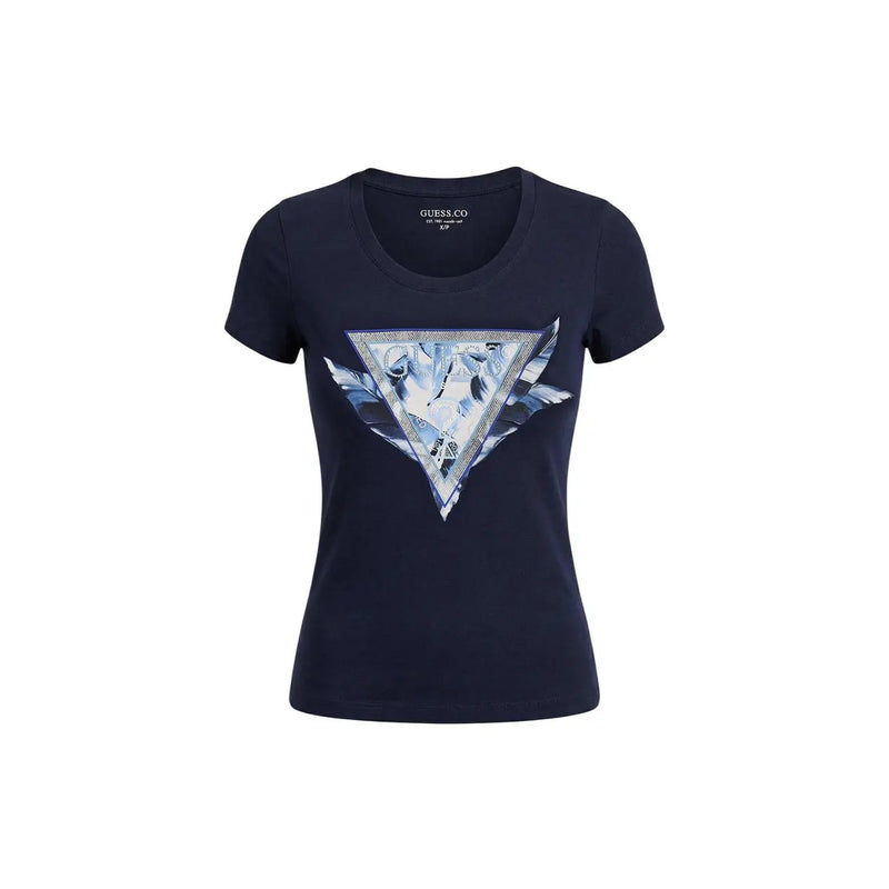 Navy blue Guess Women cotton round neck short sleeve t shirt with a triangular abstract icy blue and silver graphic