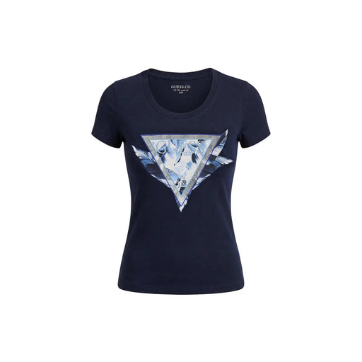 bleu marine Guess T-shirt à manches courtes et col rond en coton pour femme, orné d'un motif abstrait triangulaire bleu glacé et argent.