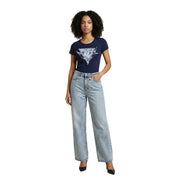 Guess women blue cotton round neck short sleeve t shirt with a white triangular icy graphic design on the front