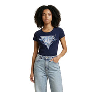 Navy blue cotton short sleeve t shirt for women with round neck and triangular Guess logo graphic print in white and gray