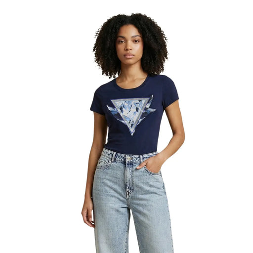 T-shirt à manches courtes en coton bleu marine pour femme, col rond et manches triangulaires Guess Impression du logo en blanc et gris