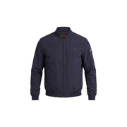 Dark navy blue Guess women polyester bomber jacket with subtle embroidered branding and zip pockets in sleek design