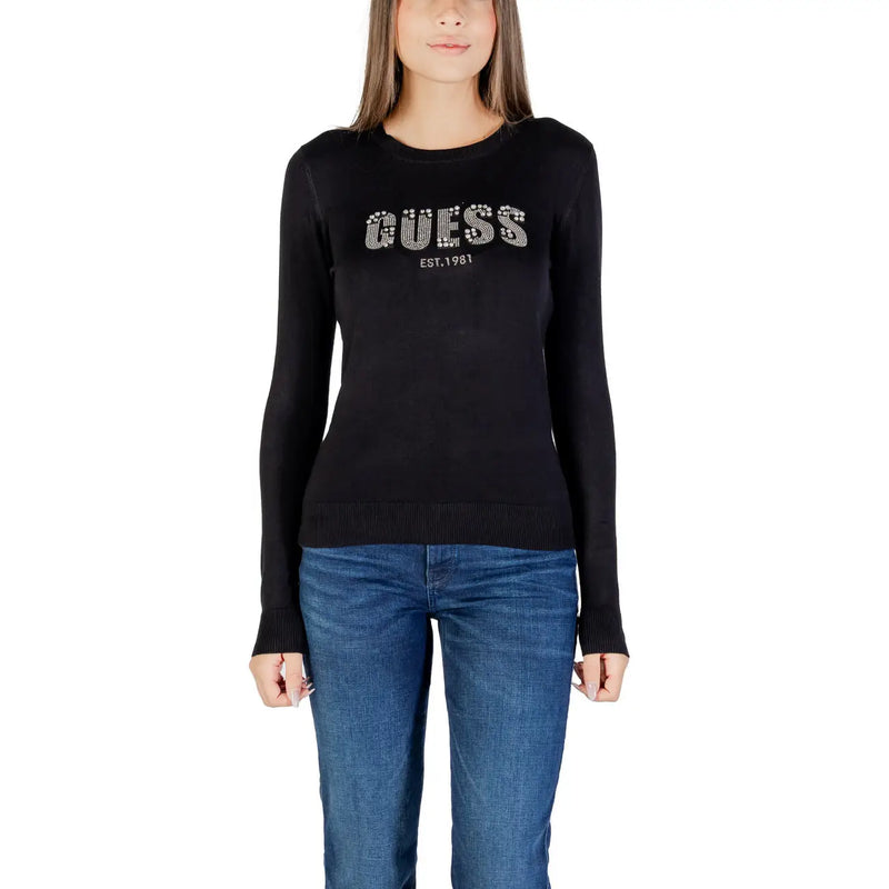 Chemise noire à manches longues guess Pull en maille avec logo strass bleu, est 1981, en tissu mélangé viscose
