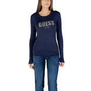 chemise bleu marine à manches longues Guess Pull en maille strass pour femme, confectionné en viscose mélangée et orné d'un logo sur la poitrine.