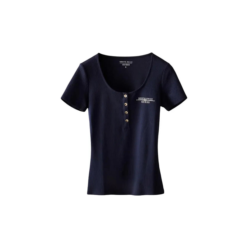 Navy blue ribbed cotton Guess women Serafino short-sleeve T-shirt with gold-tone buttons and white embroidered branding