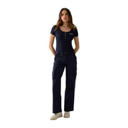 Guess women blue Serafino button round neck t shirt paired with matching navy blue short-sleeved cargo pants set