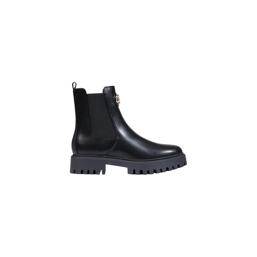 Guess Bottine Chelsea pour femme en cuir noir avec semelle épaisse en caoutchouc et boucle circulaire dorée sur le côté