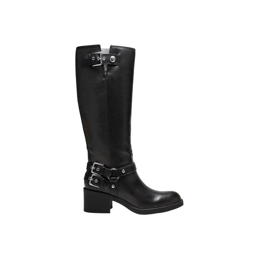 Guess Bottes hautes en cuir noir pour femmes, avec brides à boucle argentée et petit talon bloc, idéales pour l'hiver.