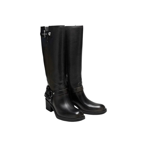 Guess Bottes noires pour femmes, montantes jusqu'aux genoux, en polyuréthane, avec talons carrés et boucles argentées, idéales pour l'hiver.