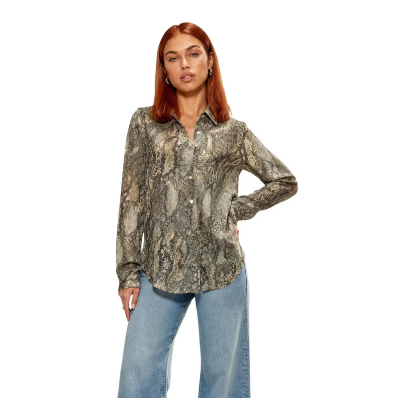 Guess women brown polyester blouse classic long sleeve with detailed gray and brown snakeskin pattern on lightweight fabric