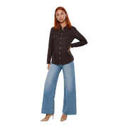 Guess women brown polyester blouse with classic long sleeves displayed with black button-up shirt with white polka dots