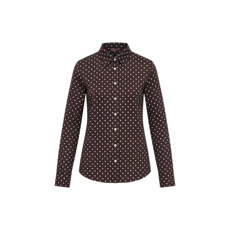 Guess women brown polyester blouse with classic long sleeve and white polka dots on a dark brown fabric