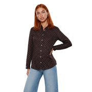 Black long-sleeved button-up shirt with white polka dots by Guess women made of polyester for classic style