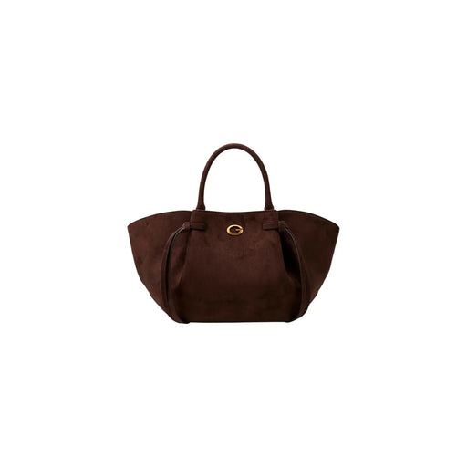 Guess Sac cabas femme en daim marron avec fermoir logo rond doré, en polyester, largeur 15 cm, hauteur 27 cm, profondeur 15 cm