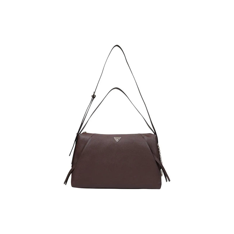 Guess women brown polyurethane shoulder bag with black strap and metallic triangle logo 43x23x12 cm
