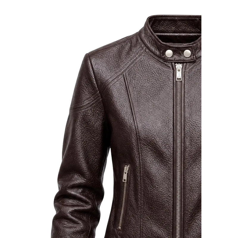 Guess Blouson de moto pour femme en polyuréthane marron avec intérieur en cuir marron foncé, fermetures éclair argentées, boutons-pression et poches avant