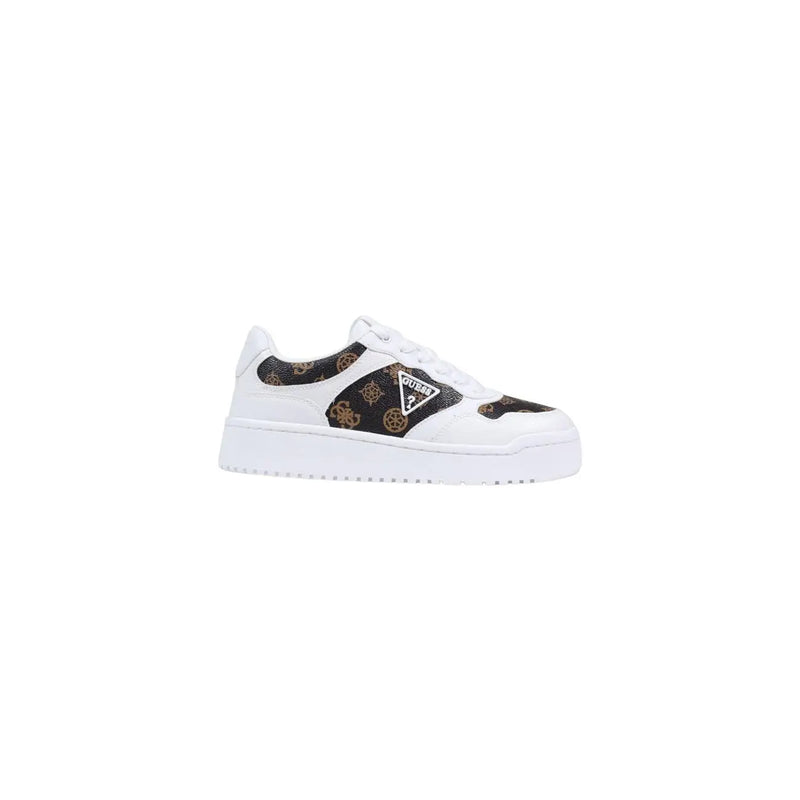White Guess women lace up sneaker with black and gold patterned accents and chunky white sole in polyurethane material