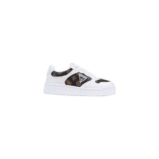 Blanc Guess Baskets montantes pour femmes avec des accents à motifs noirs et dorés et une semelle blanche épaisse en polyuréthane