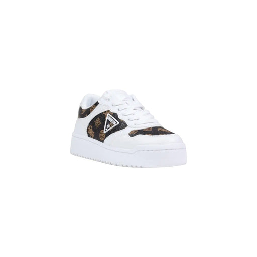 Guess Baskets montantes marron en polyuréthane pour femmes, à lacets, avec plateforme blanche et détails à motifs noirs et dorés.