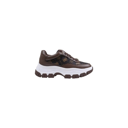 Guess Baskets montantes marron pour femme en polyuréthane avec empiècements noirs, logos dorés et semelle en caoutchouc blanc.