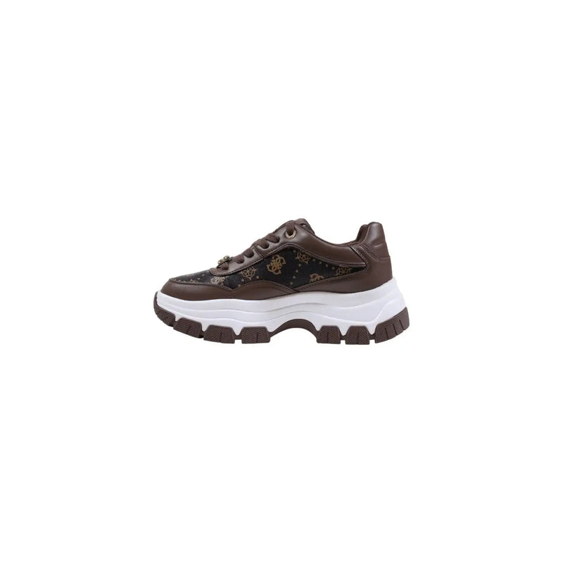 Guess women brown polyurethane sneakers with chunky white sole and patterned upper featuring gold logos for fall shoes