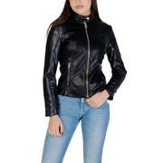 Guess Blazer femme marron en polyuréthane zippé avec empiècements motard en similicuir noir sur le devant