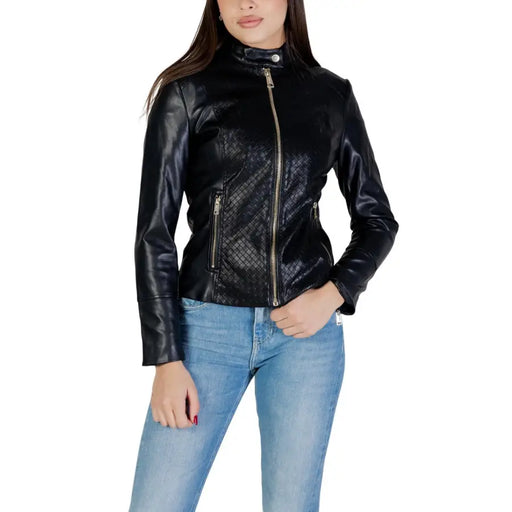 Guess Blazer femme marron en polyuréthane zippé avec empiècements motard en similicuir noir sur le devant