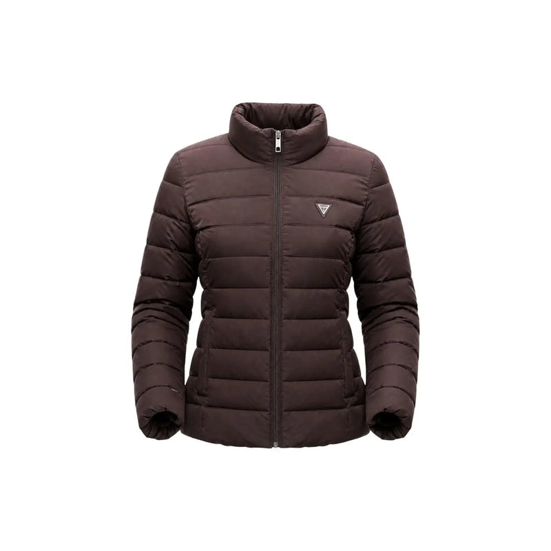 Guess Veste à col roulé matelassée marron pour femme, en polyester, avec col montant et logo triangulaire sur la poitrine gauche.