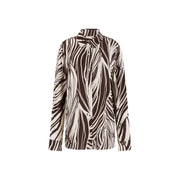 Guess women brown viscose long classic round neck shirt with bold brown and cream zebra-striped pattern and collar