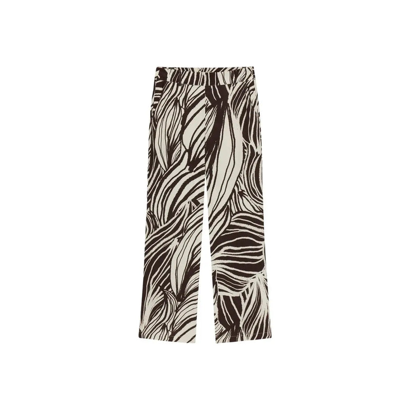 Guess Pantalon large en viscose marron pour femme, noir et crème, orné d'un motif abstrait de feuilles audacieux, issu de la collection printemps-été.
