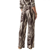 Guess Pantalon large en viscose marron pour femme, imprimé zèbre crème, taille haute et ceinture, collection printemps-été