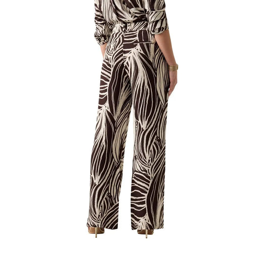 Guess Pantalon large en viscose marron pour femme, imprimé zèbre crème, taille haute et ceinture, collection printemps-été