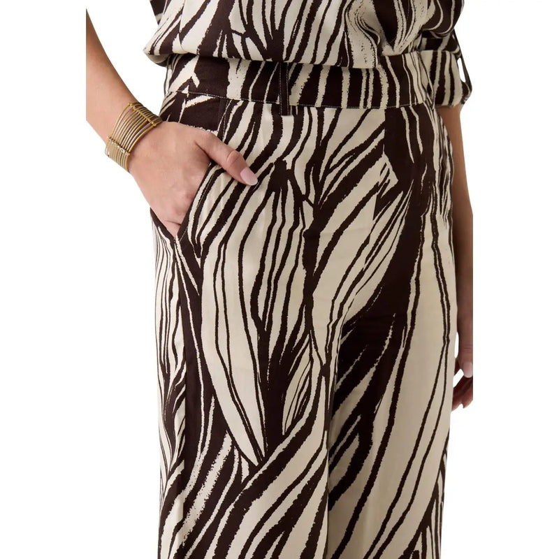 Guess Pantalon taille haute en viscose marron pour femme, à rayures zébrées crème et au tissu fluide et élégant, collection printemps-été