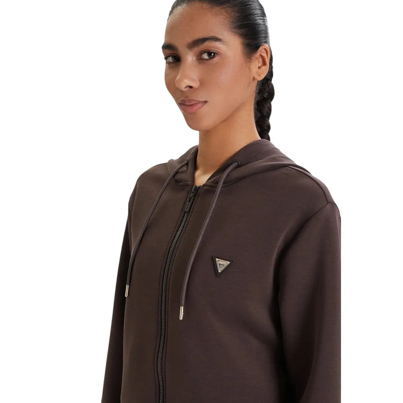 Guess women brown zip sweatshirt modal blend with zip-up front triangular logo patch and matching drawstrings