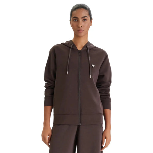 Guess Sweat-shirt à capuche zippé marron pour femme, en mélange modal, orné d'un logo triangulaire discret et de cordons de serrage assortis.