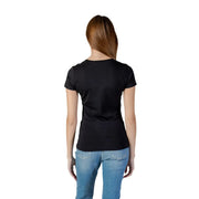 Black Guess women cotton t shirt with short sleeves rhinestone logo and simple crew neckline