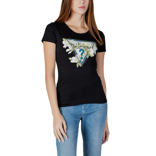 Black guess women cotton round neck t shirt with triangular white flower and teal rhinestone logo accents