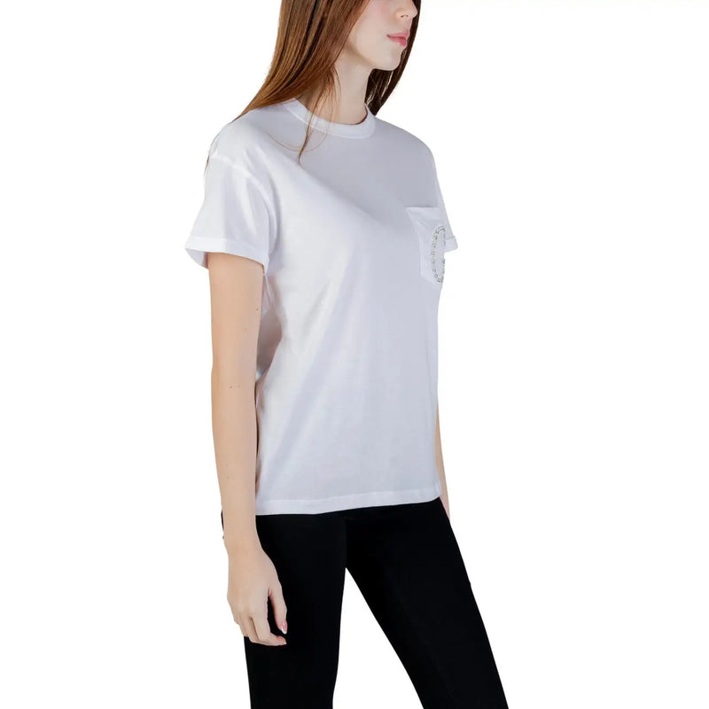 White guess women cotton round neck t shirt featuring a subtle circular embellishment on the chest pocket