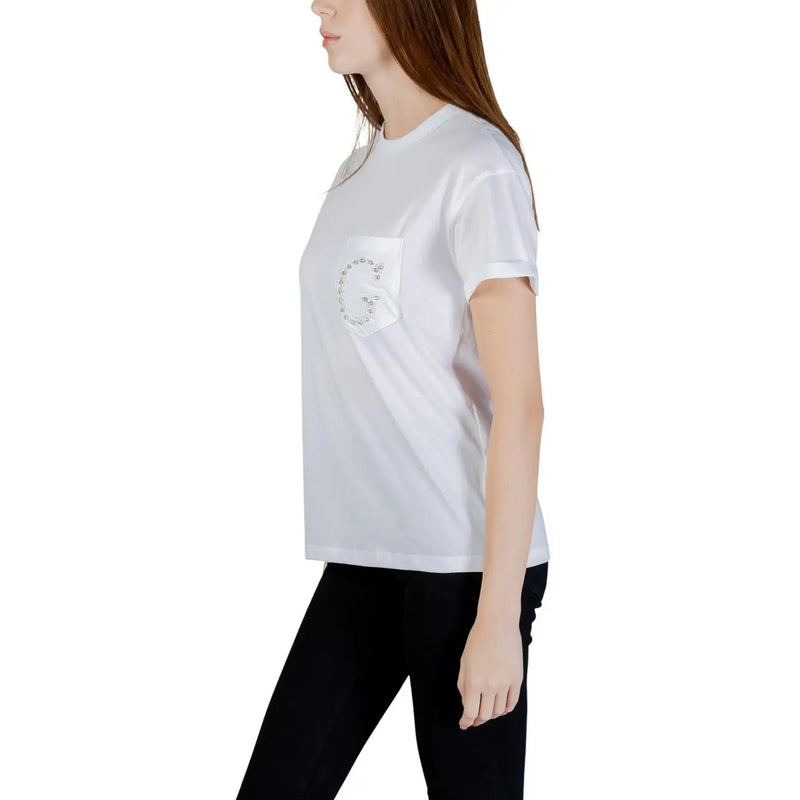 Guess women cotton round neck white t shirt featuring a crystal-embellished pocket with the Gucci g logo