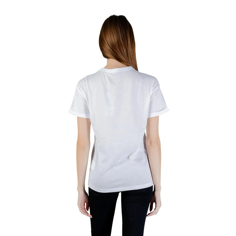 White Guess women cotton t shirt with round neck short sleeves and a single pocket featuring a minimalist design