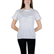 Guess women cotton round neck white t shirt with a single short sleeve pocket featuring rhinestone g detail