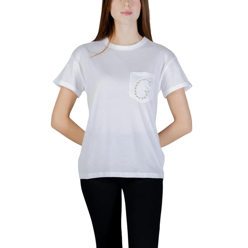Guess women cotton round neck white t shirt with a single short sleeve pocket featuring rhinestone g detail