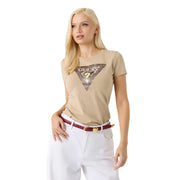 Beige Guess women cotton t shirt with sparkling triangular logo and question mark in white round neck design