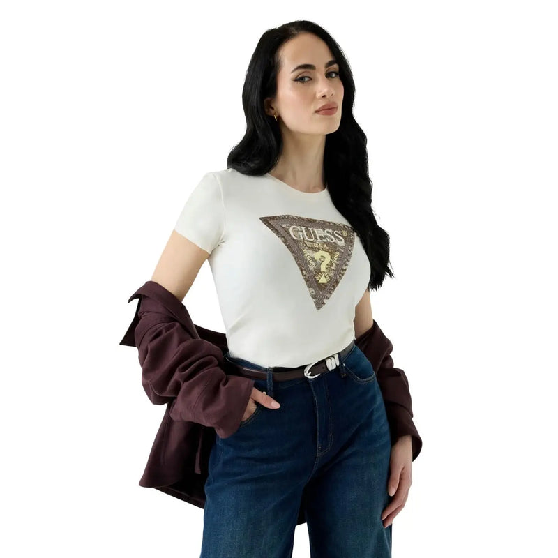 White short-sleeved cotton Guess women t-shirt with a gold and brown embellished triangular logo on the front