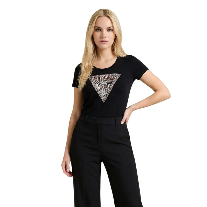Black guess women cotton short-sleeved t shirt with a triangular silver and white abstract graphic design
