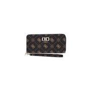 Noir guess Portefeuille femme Emelie avec logo doré, poche zippée marron et dragonne assortie (largeur 22 cm).