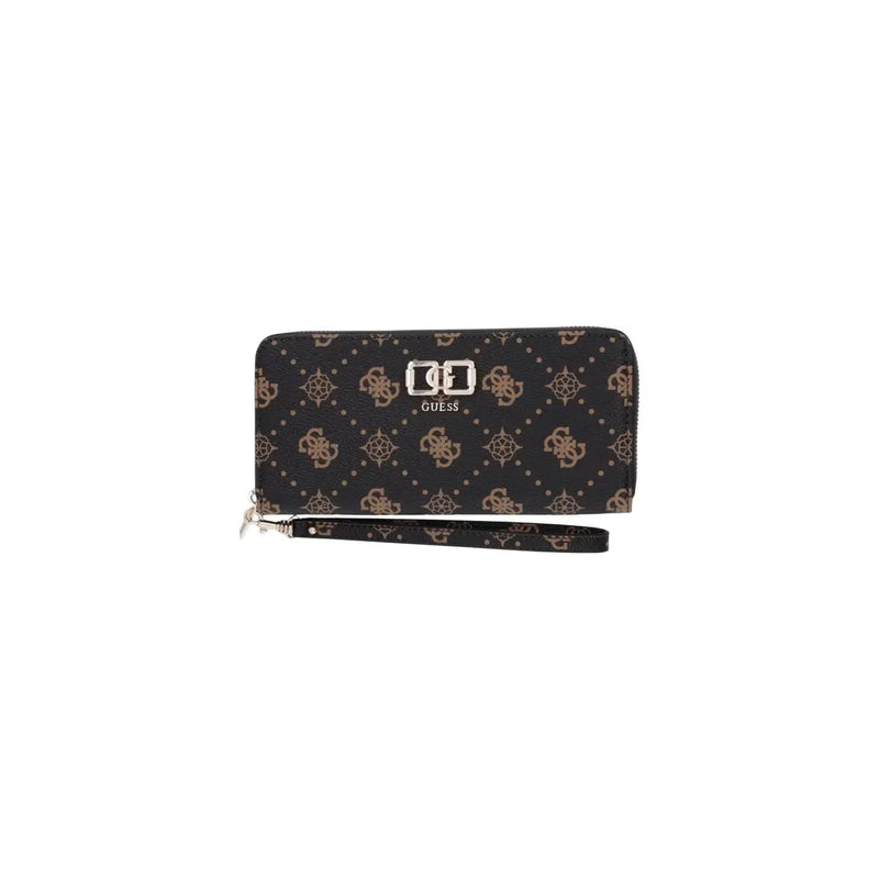 Noir guess Portefeuille femme Emelie avec logo doré, poche zippée marron et dragonne assortie (largeur 22 cm).